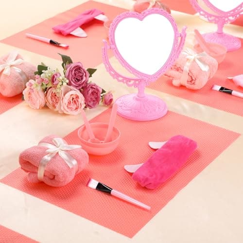 8 Piece Spa Party Kit: Heart Mirror, Desk Mat, Face Brush, Bowl, Headband, Towel - Sleepover Essentials