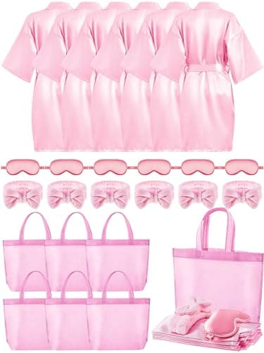 24 Pcs Sleepover Party Supplies for Girls: Spa Party Robes, Tote Bags, Headbands, and Masks