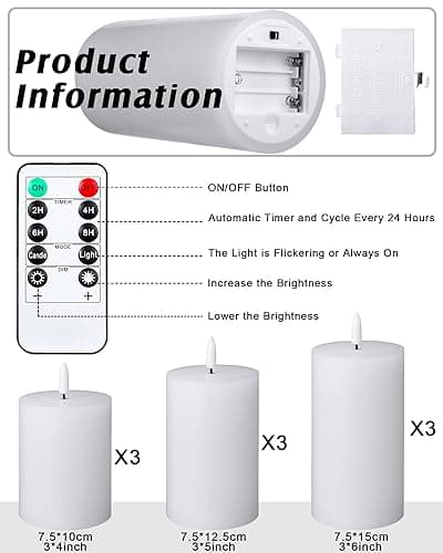 VIHOSE Realistic Flameless LED Pillar Candles with Timer & Remote, White, 3" Dia
