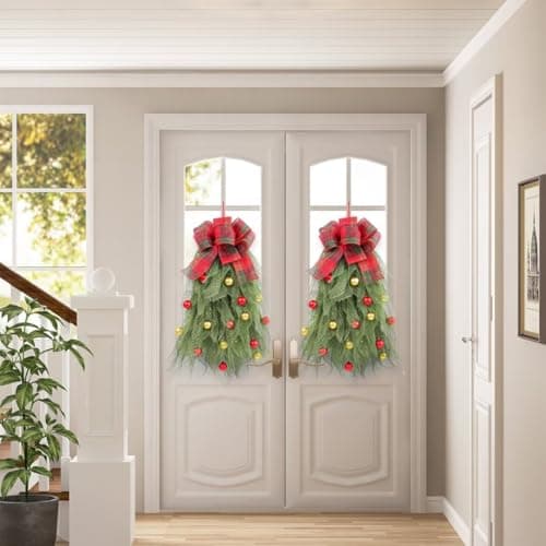 2Pcs Red Bow Christmas Teardrop Swag Garland, DIY Holiday Wall Decor