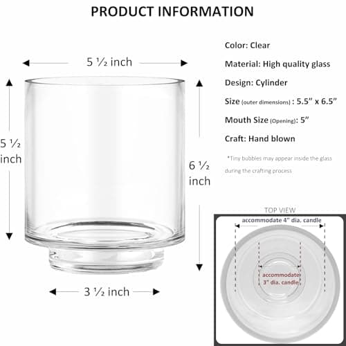 CYS EXCEL Clear Glass Hurricane Candle Holder for Pillar Candles, 6.5" Height