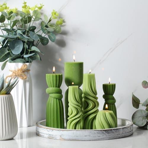 Modern Aesthetic Ribbed Soy Wax Pillar Candles Set (Green, 2.36-6.89 Inch)