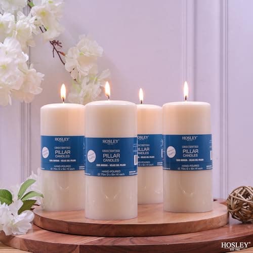 Hosley Ivory Unscented 6" Pillar Candle Set of 4, Long-Burning Hand-Poured