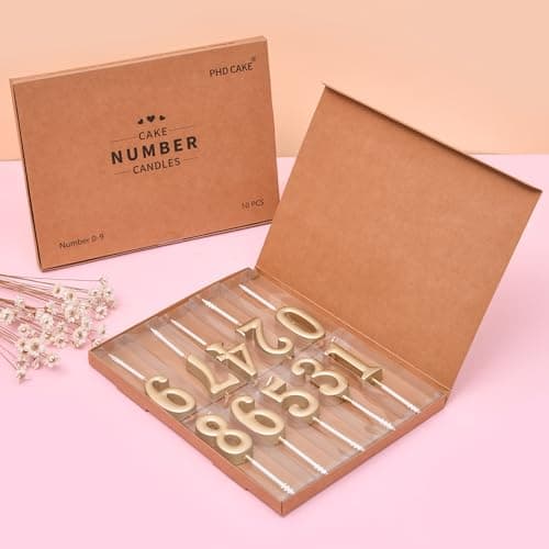PHD Champagne Gold Number Birthday Candles 0-9 Glitter Cake Topper