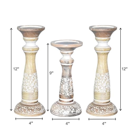 Handmade Mango Wood White Wash Set of 3 Pillar Candle Holders