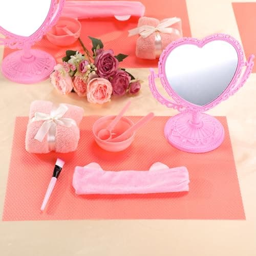 8 Piece Spa Party Kit: Heart Mirror, Desk Mat, Face Brush, Bowl, Headband, Towel - Sleepover Essentials