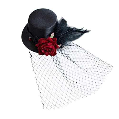 LEORX Black Veil Top Hat Hair Clip with Flower Decor for Masquerade and Halloween