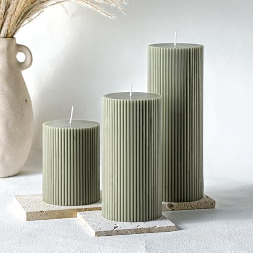 3-Pack Aesthetic Ribbed Soy Wax Candles, White, 3" to 8" High for Home Decor