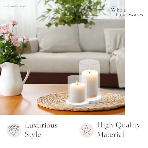 Tall Glass Hurricane Candles Holders with Wood Base - Wedding Centrepieces - Set of 2 (White)