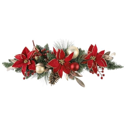 SHACOS 30" Christmas Teardrop Swag - Red Poinsettia & Accents