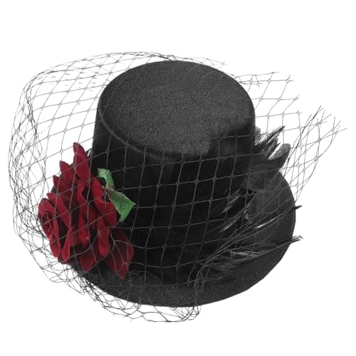 BESPORTBLE Victorian Mini Top Hat - Classic Black Hair Clip with Red Rose and Veil