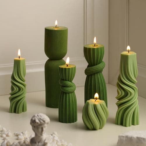 Modern Aesthetic Ribbed Soy Wax Pillar Candles Set (Green, 2.36-6.89 Inch)