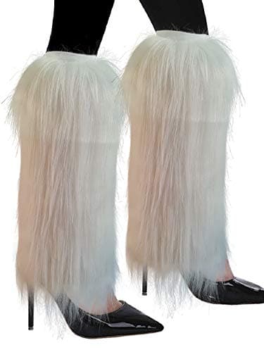 Dionysia Fuzzy Faux Fur Leg Warmers, Long Boots Cuff Cover, Elastic, 18"