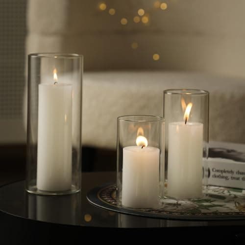 White Pillar Candles and Holders for Wedding Centerpieces(2.6" X 4.7", 5.9", 7.9")