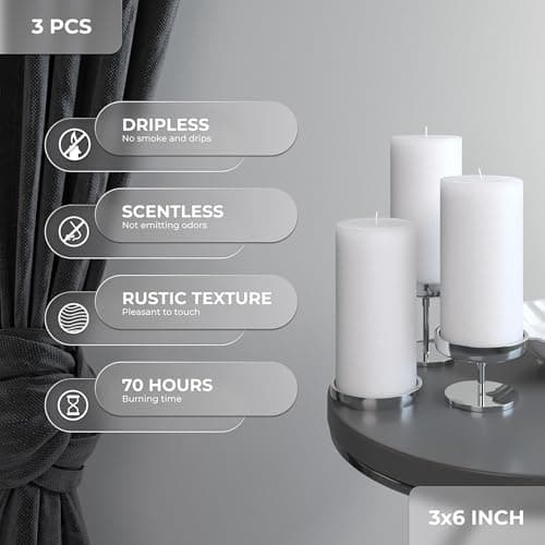 CANDWAX 3x6 Inch Set of 3 Unscented Dripless White Pillar Candles, Rustic Decor for Weddings & Home
