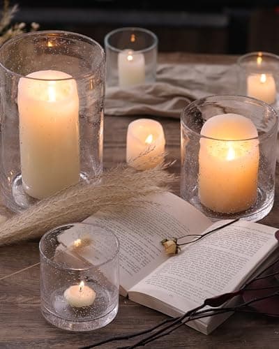 Hurricane Candle Holder Set of 3 Clear Seeded Bubbles Glass for Table Centerpiece