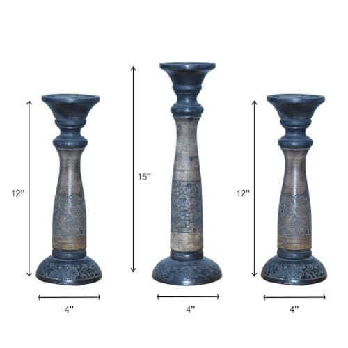 Handmade Mango Wood Eco-Friendly Traditional Black Wash Candle Holders (12", 15", 12")
