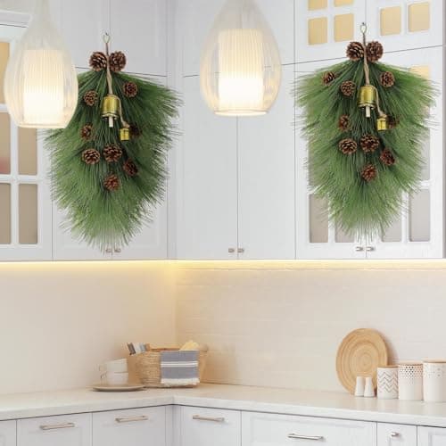 Giegxin 2 Pack 22 Christmas Pine Needle Teardrop Swags with Pinecones and Bells for Home Decor