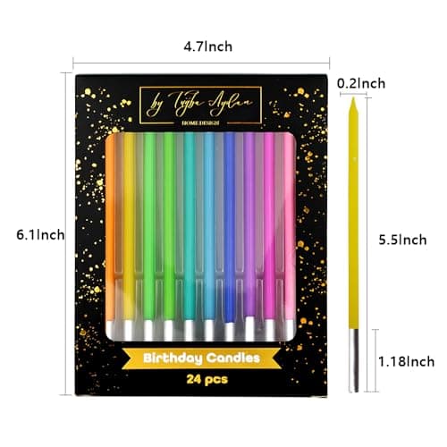 Birthday Candles - 24 Count Long Thin Rainbow Candles for Cake, Metallic Cake Candle for Birthday, Party