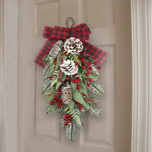 CISDUEO Red Berry & Pinecone Christmas Teardrop Swag for Front Door