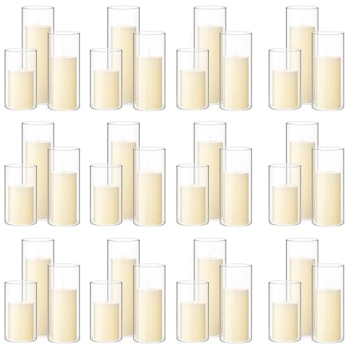 36 Ivory White Pillar Candles and Clear Glass Cylinder Holders for Wedding Centerpieces