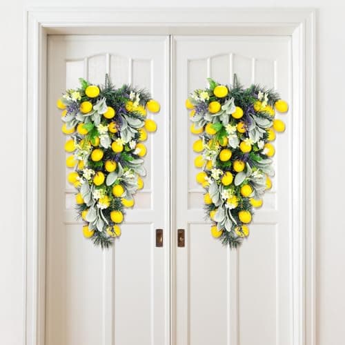 Zeyune 24 Inch Artificial Lemon Teardrop Wreath with Flowers for Front Door Decor