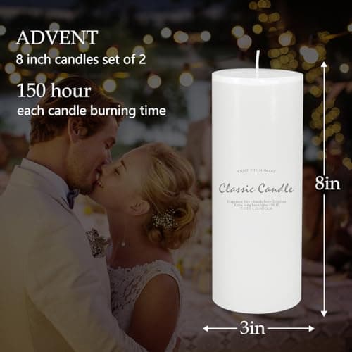 2 Pack 3x8 Soy Pillar Candles, Unscented & Smokeless