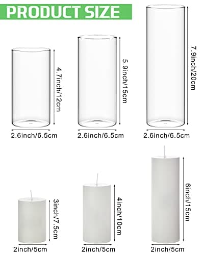 Shihanee 6 Sets Pillar Candles and Glass Cylinder Vases for Wedding Centerpieces (White,2.6'' x 4.7'', 5.9'', 7.9'')