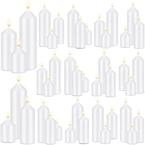 MTLEE Set of 60 White Pillar Unscented Emergency Decorative Candles for Home and Wedding