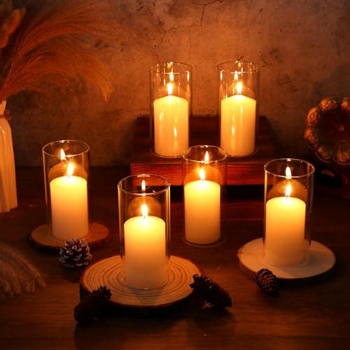 6-Pack Open-Ended Hurricane Candleholders with Pillar Candles & Bottomless Glass Shades in Clear Cylinder ChimneyTube