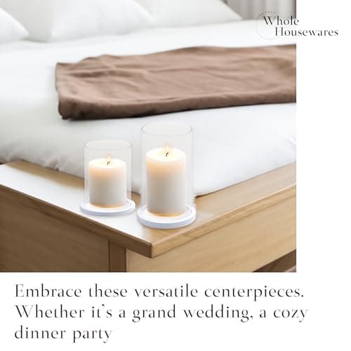 Tall Glass Hurricane Candles Holders with Wood Base - Wedding Centrepieces - Set of 2 (White)