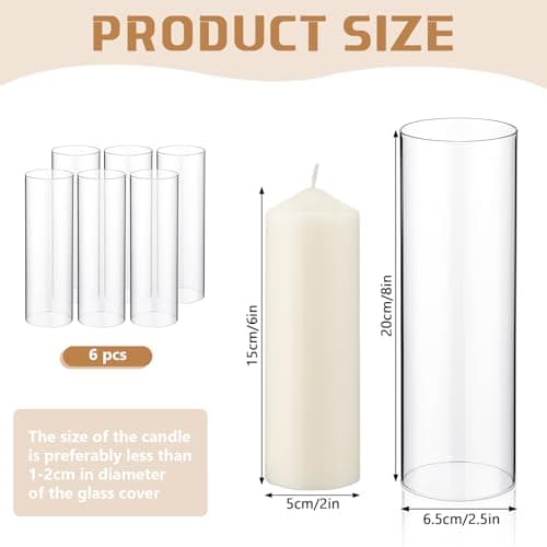 Yaomiao 6 Set Clear Glass Hurricane Candle Holders with Unscented Pillars (2.5 x 8 Inch)