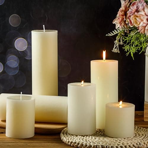 Shihanee Set of 12 Pillar Candles 3 Dripless Unscented Candles for Wedding Party Dinner Home (Ivory White)