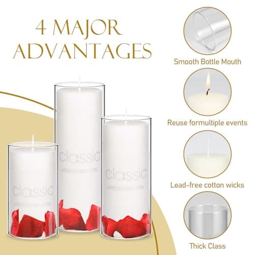 Bulk White Pillar Candles with Glass for Weddings - Set of 24