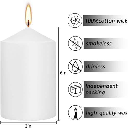 3x6 White Pillar Candles, Set of 6, Unscented for Weddings, Emergencies, Spas, Aromatherapy, and Parties
