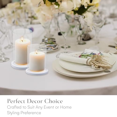 Tall Glass Hurricane Candles Holders with Wood Base - Wedding Centrepieces - Set of 2 (White)