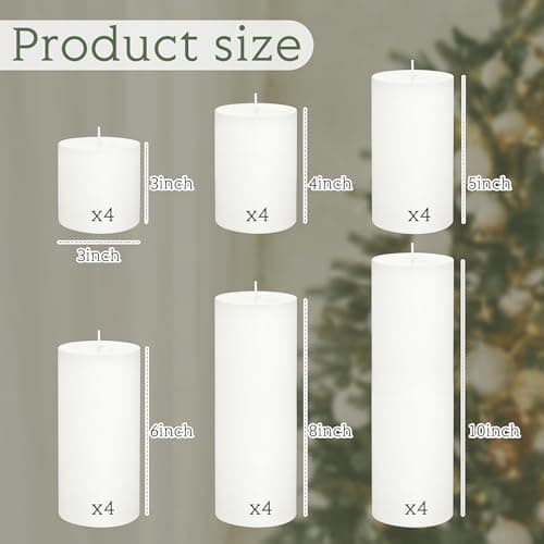 24 White Christmas Pillar Candles - Unscented, Dripless, and Long Burning