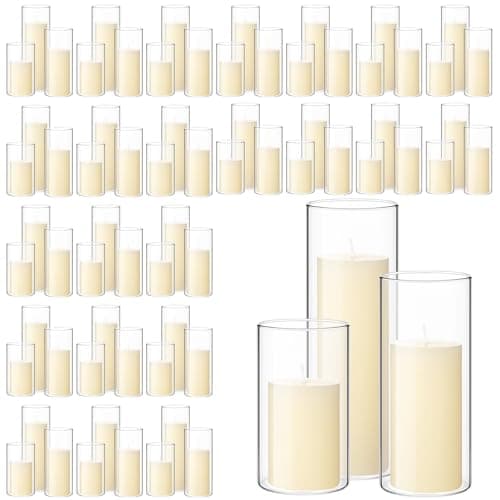 Shihanee 48 Pcs Clear Cylinder Vase Holder for Slim Pillar Candles White Table Decorating