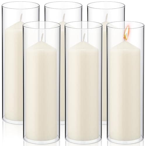 Yaomiao 6 Set Clear Glass Hurricane Candle Holders with Unscented Pillars (2.5 x 8 Inch)