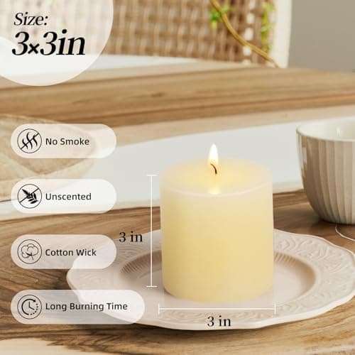 KONNI Ivory Pillar Candles Set of 3, 30-Hour Long-Burning Smokeless&Dripless