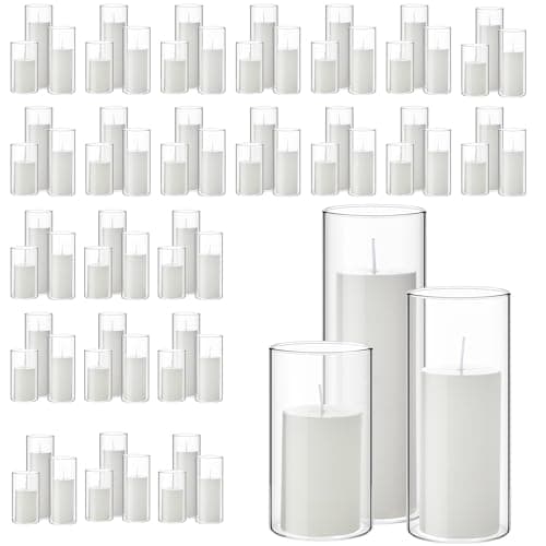 Shihanee 48 Pcs Clear Cylinder Vase Holder for Slim Pillar Candles White Table Decorating