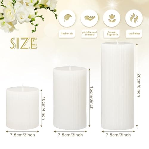 3-Pack Aesthetic Ribbed Soy Wax Candles, White, 3" to 8" High for Home Decor