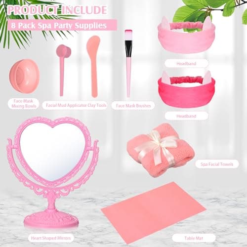 8 Piece Spa Party Kit: Heart Mirror, Desk Mat, Face Brush, Bowl, Headband, Towel - Sleepover Essentials