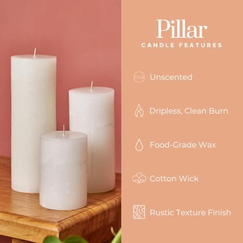 Simply Soson Unscented White Pillar Candles, Set of 3, Rustic Texture, Dripless, Ideal for Weddings, Parties, Home Decor