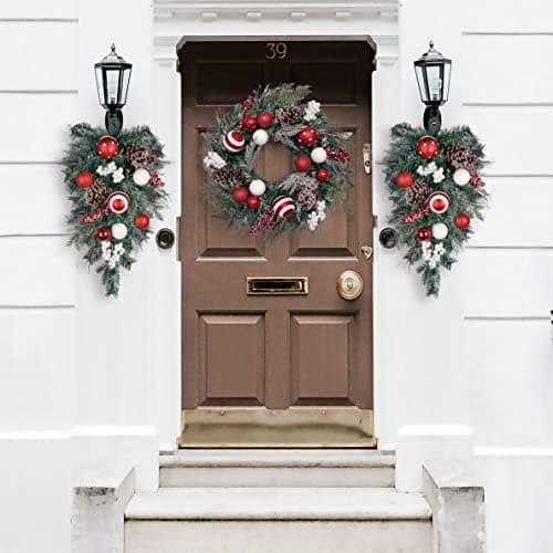 Red & White 24 Inch Pre-Lit Teardrop Swag for Mailbox Xmas Decor with 20 LED Lights