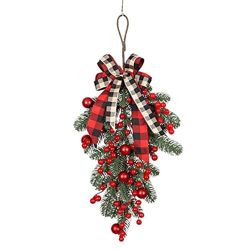 Pre-Lit Teardrop Swag Christmas Pine Garland with Berries