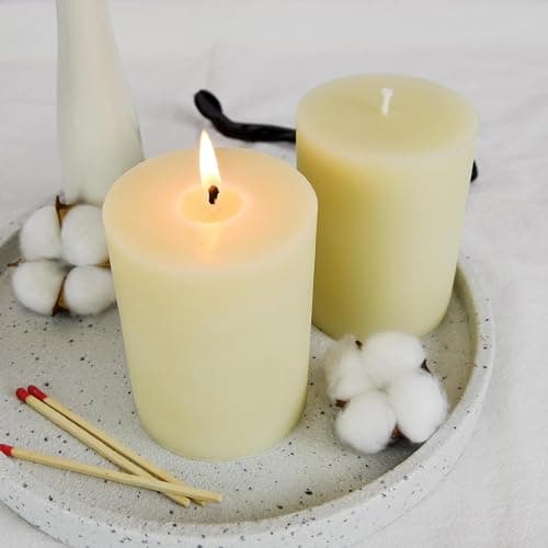 White Ivory Beeswax Pillar Candles, 6" Set of 2, Unscented, Smokeless, Dripless