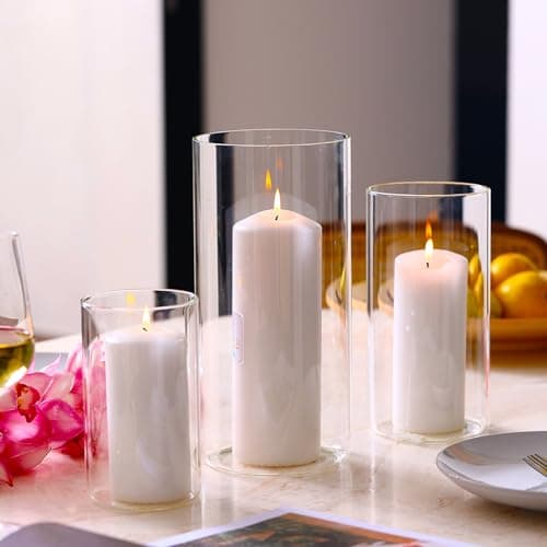 Hurricand 3PCS Glass Pillar Candle Holder for Weddings and Centerpieces
