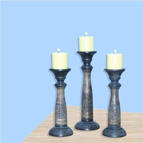 Handmade Mango Wood Eco-Friendly Traditional Black Wash Candle Holders (12", 15", 12")