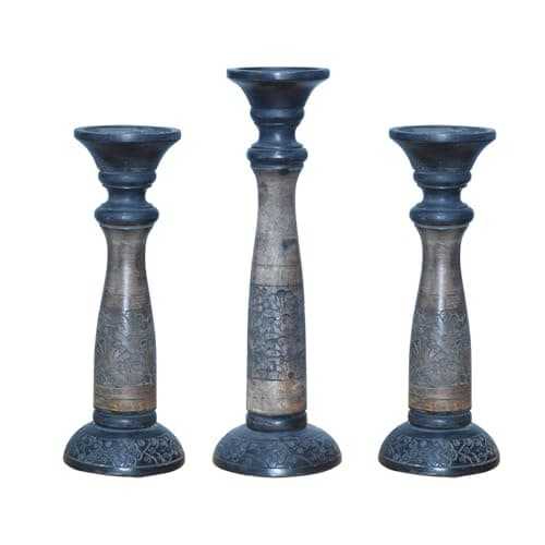 Handmade Mango Wood Eco-Friendly Traditional Black Wash Candle Holders (12", 15", 12")